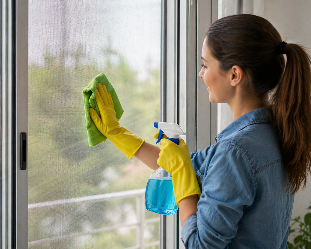 pulizia zanzariere con spruzzino e detergente neutro